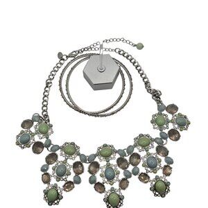 Vtg Stmt Bib Necklace Earrings Bracelet Set Green Blue Cabochon Party Glam Retro